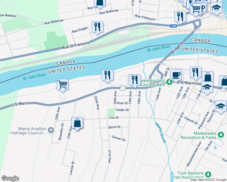 map of restaurants, bars, coffee shops, grocery stores, and more near 130 Saint Catherine Street in Madawaska