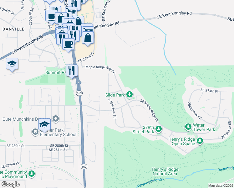 map of restaurants, bars, coffee shops, grocery stores, and more near 24533 Southeast 275th Street in Maple Valley