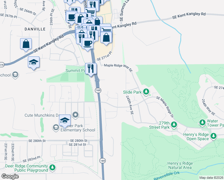map of restaurants, bars, coffee shops, grocery stores, and more near 24296 Southeast 275th Court in Maple Valley