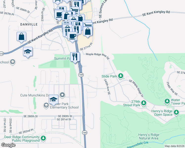 map of restaurants, bars, coffee shops, grocery stores, and more near 24296 Southeast 275th Court in Maple Valley