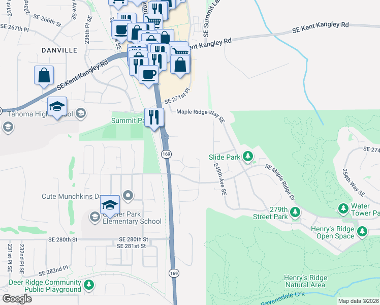 map of restaurants, bars, coffee shops, grocery stores, and more near 27401 243rd Place Southeast in Maple Valley