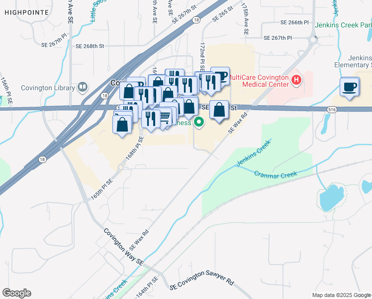 map of restaurants, bars, coffee shops, grocery stores, and more near 27431 172nd Avenue Southeast in Covington