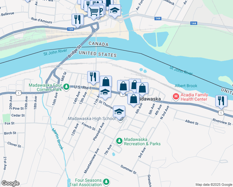 map of restaurants, bars, coffee shops, grocery stores, and more near 113 Legion Avenue in Madawaska