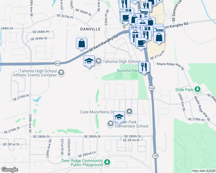 map of restaurants, bars, coffee shops, grocery stores, and more near 27419 237th Avenue Southeast in Maple Valley