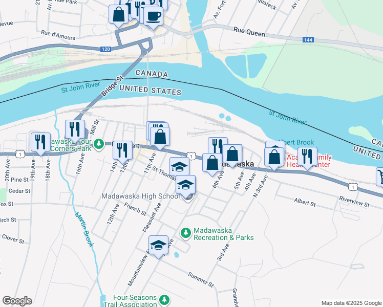 map of restaurants, bars, coffee shops, grocery stores, and more near 460 East Main Street in Madawaska
