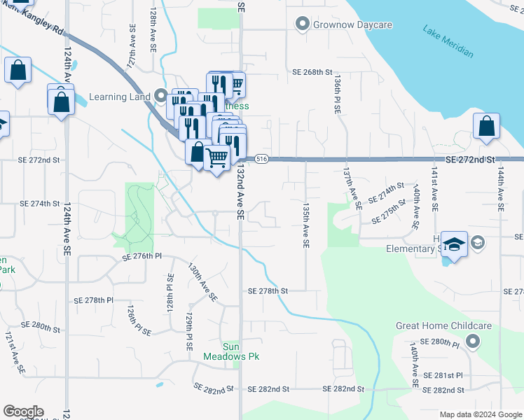 map of restaurants, bars, coffee shops, grocery stores, and more near 27400 132nd Avenue Southeast in Kent