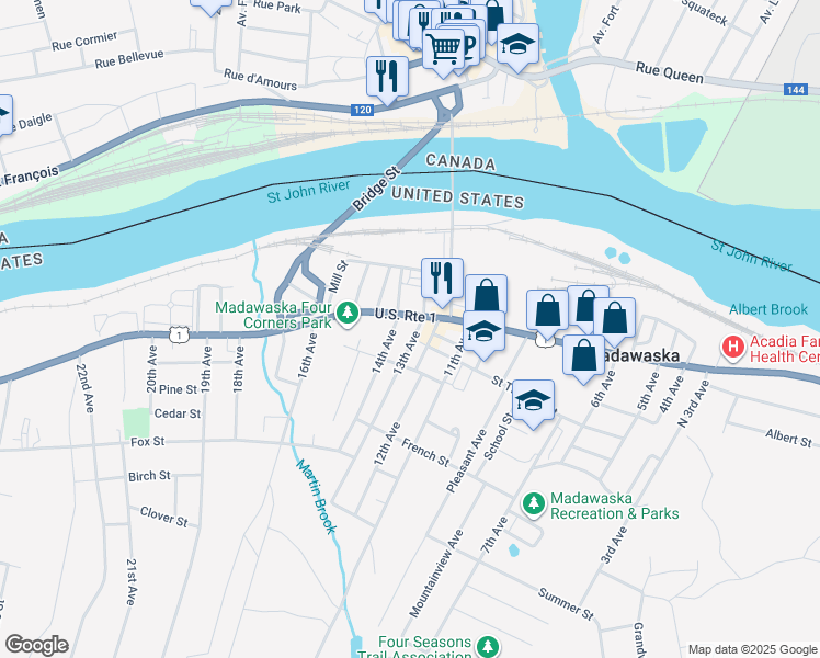 map of restaurants, bars, coffee shops, grocery stores, and more near 272 U.S. 1 in Madawaska