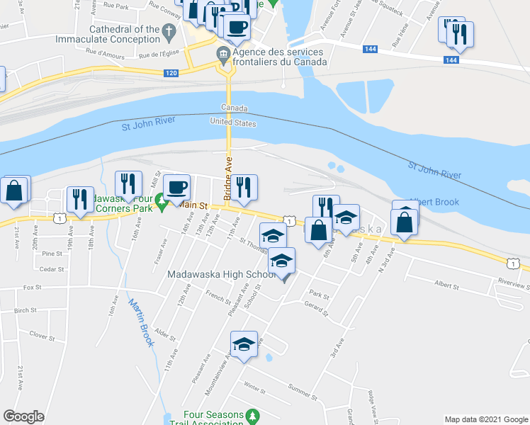map of restaurants, bars, coffee shops, grocery stores, and more near 328 Main Street in Madawaska