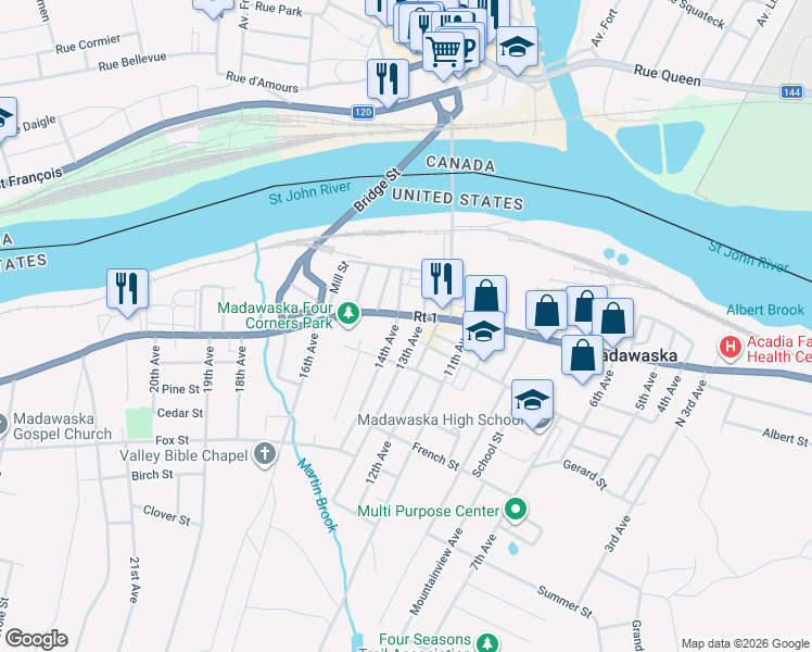 map of restaurants, bars, coffee shops, grocery stores, and more near 600 Main Street in Madawaska