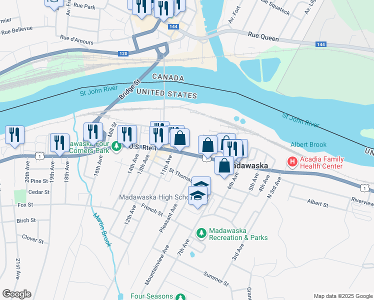 map of restaurants, bars, coffee shops, grocery stores, and more near 328 Main Street in Madawaska