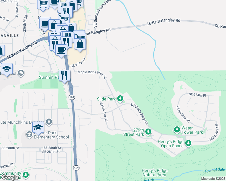 map of restaurants, bars, coffee shops, grocery stores, and more near 27403 Maple Ridge Way Southeast in Maple Valley