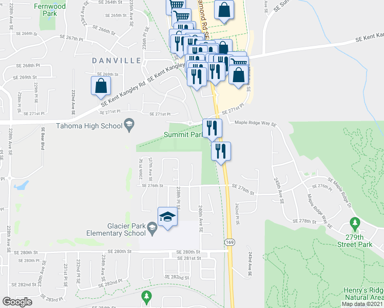 map of restaurants, bars, coffee shops, grocery stores, and more near 27405 239th Place Southeast in Maple Valley