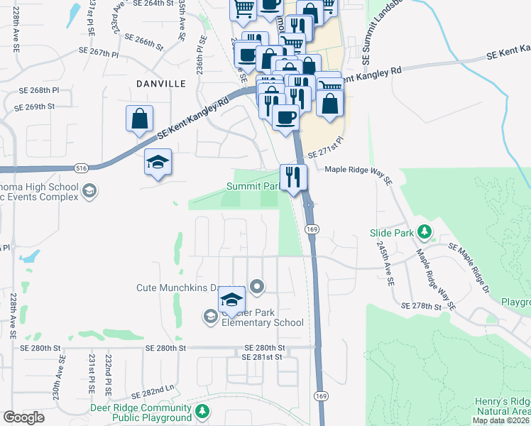 map of restaurants, bars, coffee shops, grocery stores, and more near 27405 239th Place Southeast in Maple Valley