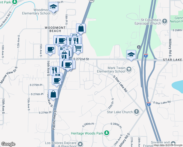 map of restaurants, bars, coffee shops, grocery stores, and more near 2405 South Star Lake Road in Federal Way