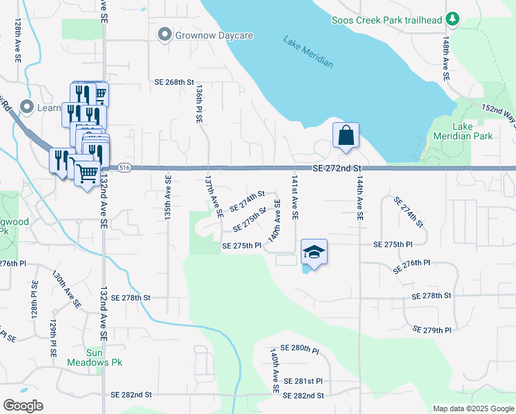 map of restaurants, bars, coffee shops, grocery stores, and more near 13926 Southeast 275th Street in Kent