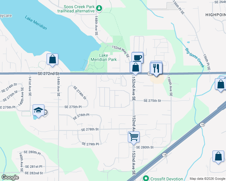 map of restaurants, bars, coffee shops, grocery stores, and more near 14932 Southeast 274th Place in Kent