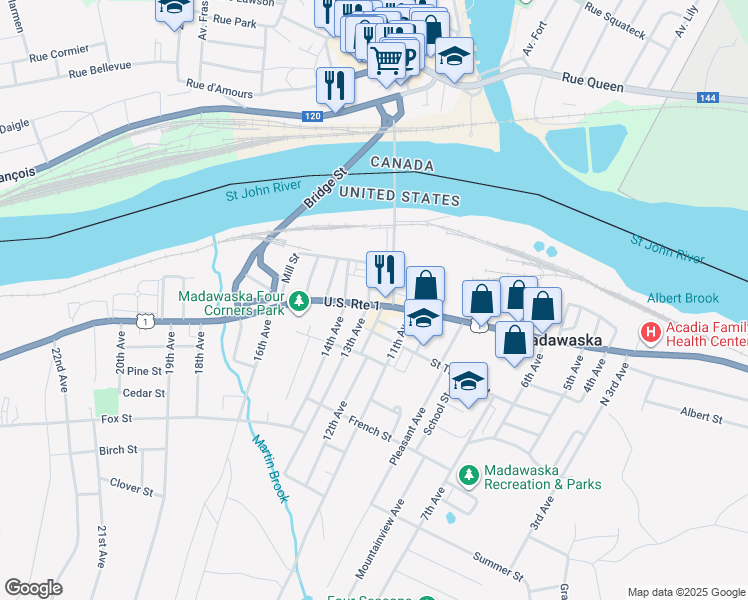 map of restaurants, bars, coffee shops, grocery stores, and more near 272 U.S. 1 in Madawaska