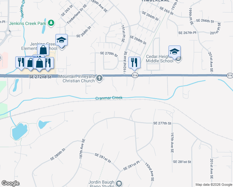 map of restaurants, bars, coffee shops, grocery stores, and more near 19031 Southeast 272nd Street in Kent