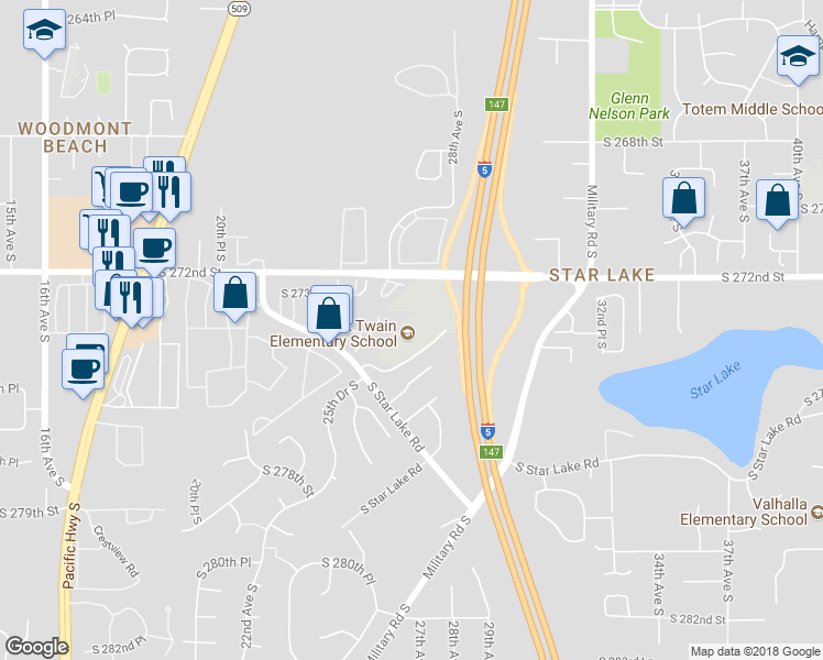 map of restaurants, bars, coffee shops, grocery stores, and more near 2450 South Star Lake Road in Federal Way