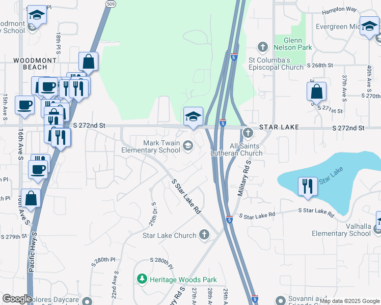 map of restaurants, bars, coffee shops, grocery stores, and more near 2450 South Star Lake Road in Federal Way