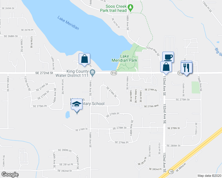 map of restaurants, bars, coffee shops, grocery stores, and more near 14602 Southeast 274th Street in Kent