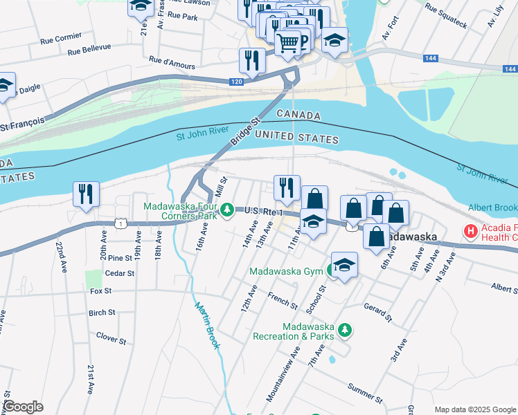 map of restaurants, bars, coffee shops, grocery stores, and more near 600 Main Street in Madawaska