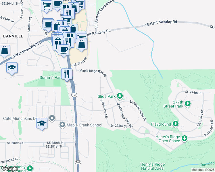map of restaurants, bars, coffee shops, grocery stores, and more near 27403 Maple Ridge Way Southeast in Maple Valley