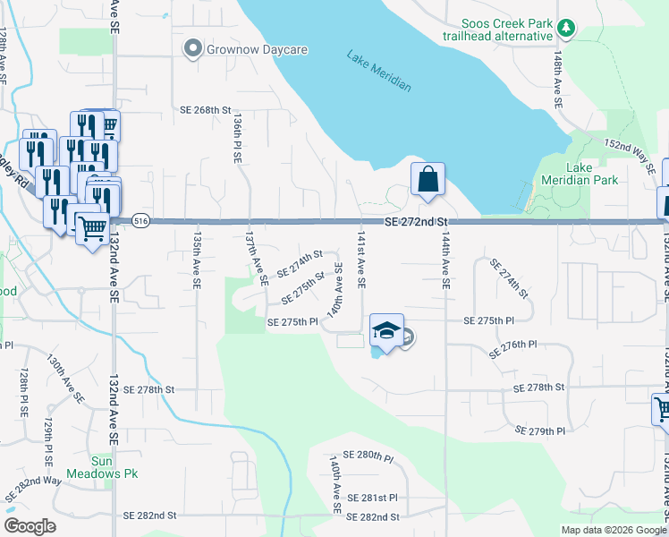map of restaurants, bars, coffee shops, grocery stores, and more near 13942 Southeast 275th Street in Kent