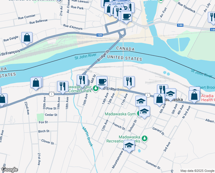 map of restaurants, bars, coffee shops, grocery stores, and more near 600 Main Street in Madawaska