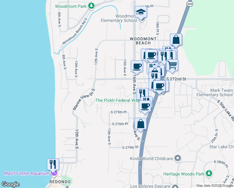 map of restaurants, bars, coffee shops, grocery stores, and more near 27301 14th Court South in Des Moines