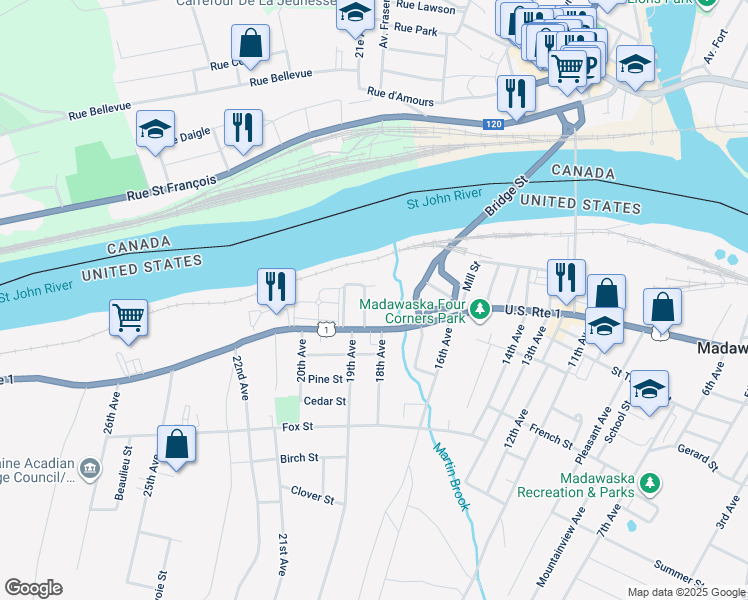 map of restaurants, bars, coffee shops, grocery stores, and more near 86 18th Avenue in Madawaska
