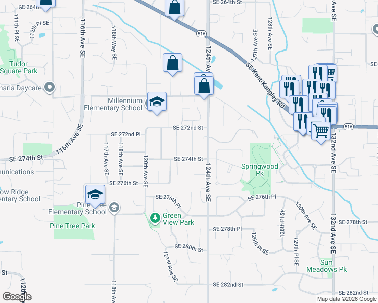map of restaurants, bars, coffee shops, grocery stores, and more near 27243 123rd Avenue Southeast in Kent