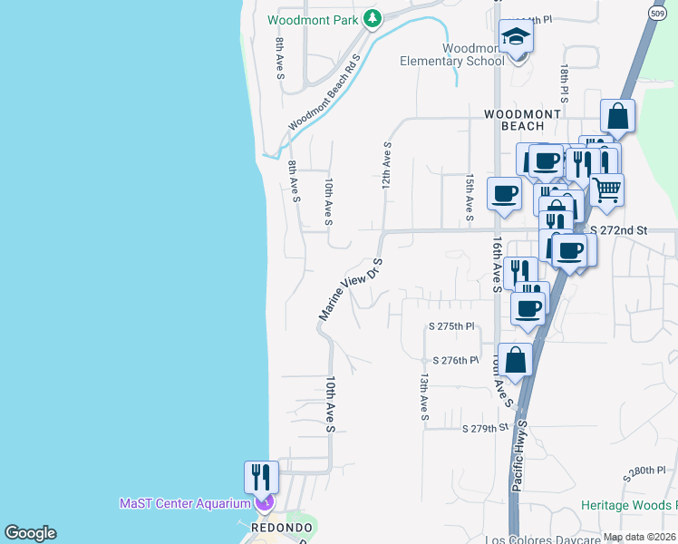 map of restaurants, bars, coffee shops, grocery stores, and more near 27325 10th Place South in Des Moines