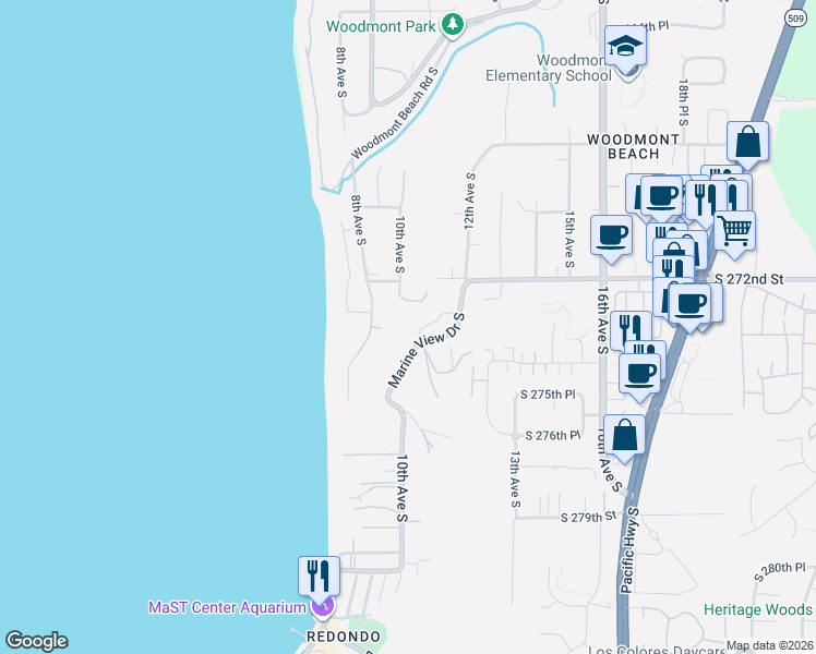 map of restaurants, bars, coffee shops, grocery stores, and more near 27325 10th Place South in Des Moines