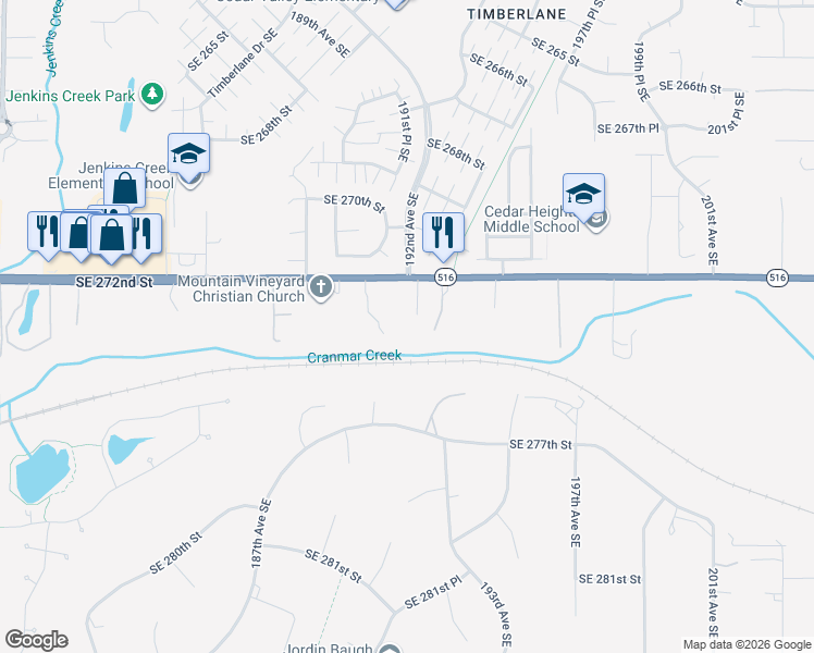 map of restaurants, bars, coffee shops, grocery stores, and more near 19031 Southeast 272nd Street in Kent