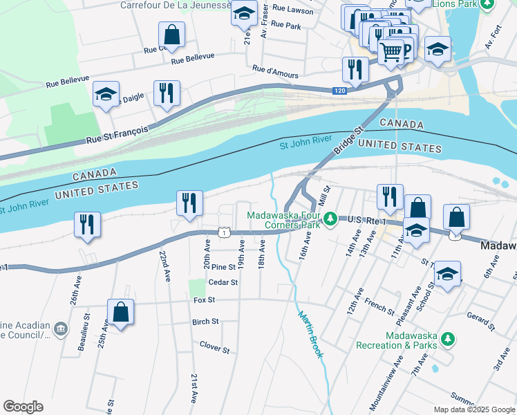 map of restaurants, bars, coffee shops, grocery stores, and more near 86 18th Avenue in Madawaska