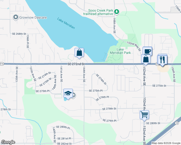 map of restaurants, bars, coffee shops, grocery stores, and more near 14503 Southeast 274th Street in Kent