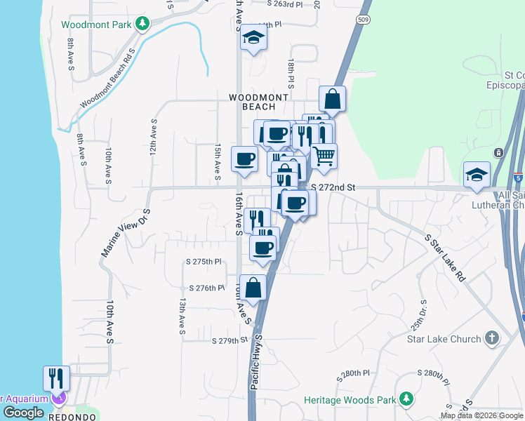 map of restaurants, bars, coffee shops, grocery stores, and more near 1645 South 272nd Street in Federal Way