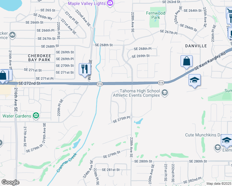 map of restaurants, bars, coffee shops, grocery stores, and more near 22617 Southeast 273rd Street in Maple Valley