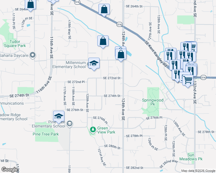 map of restaurants, bars, coffee shops, grocery stores, and more near 27243 123rd Avenue Southeast in Kent