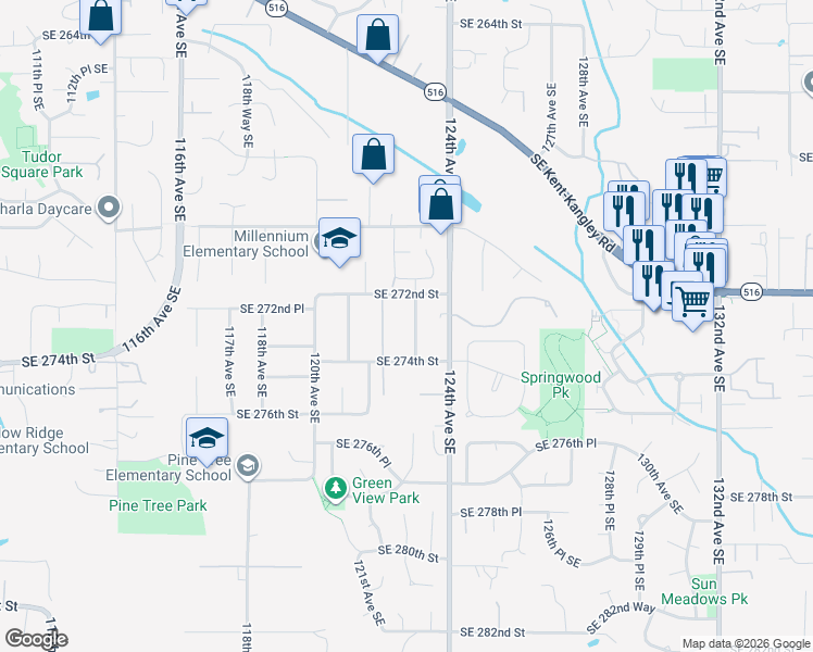 map of restaurants, bars, coffee shops, grocery stores, and more near 27225 123rd Avenue Southeast in Kent