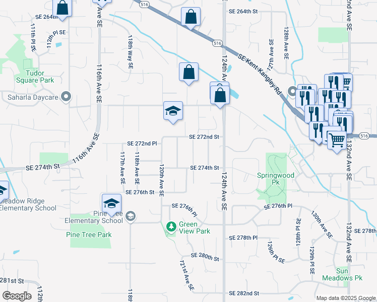 map of restaurants, bars, coffee shops, grocery stores, and more near 27255 122nd Avenue Southeast in Kent
