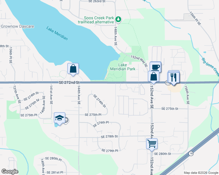 map of restaurants, bars, coffee shops, grocery stores, and more near 14719 Southeast 272nd Street in Kent