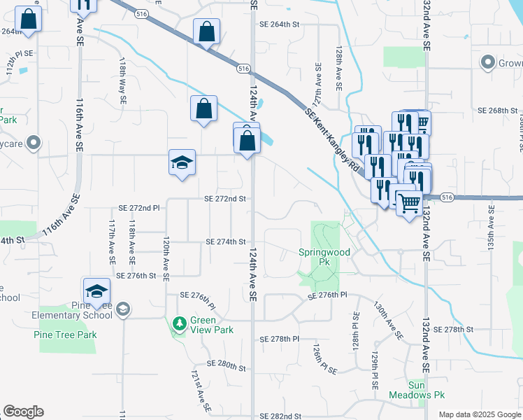map of restaurants, bars, coffee shops, grocery stores, and more near 27051 125th Avenue Southeast in Kent