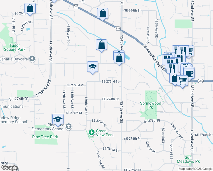 map of restaurants, bars, coffee shops, grocery stores, and more near 12213 Southeast 271st Place in Kent