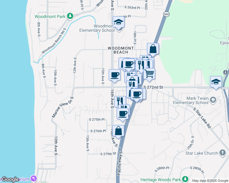 map of restaurants, bars, coffee shops, grocery stores, and more near 1645 South 272nd Street in Federal Way