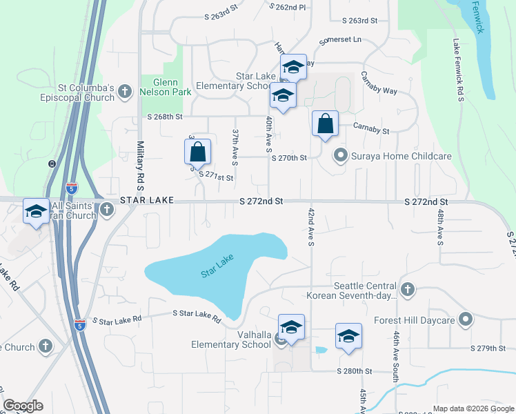 map of restaurants, bars, coffee shops, grocery stores, and more near 3947 South 271st Place in Kent