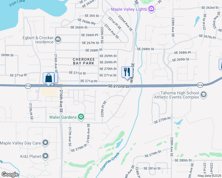 map of restaurants, bars, coffee shops, grocery stores, and more near 22045 Southeast 271st Place in Maple Valley