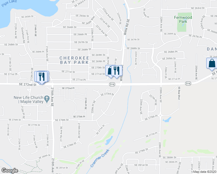 map of restaurants, bars, coffee shops, grocery stores, and more near 22210 Southeast 272nd Street in Maple Valley