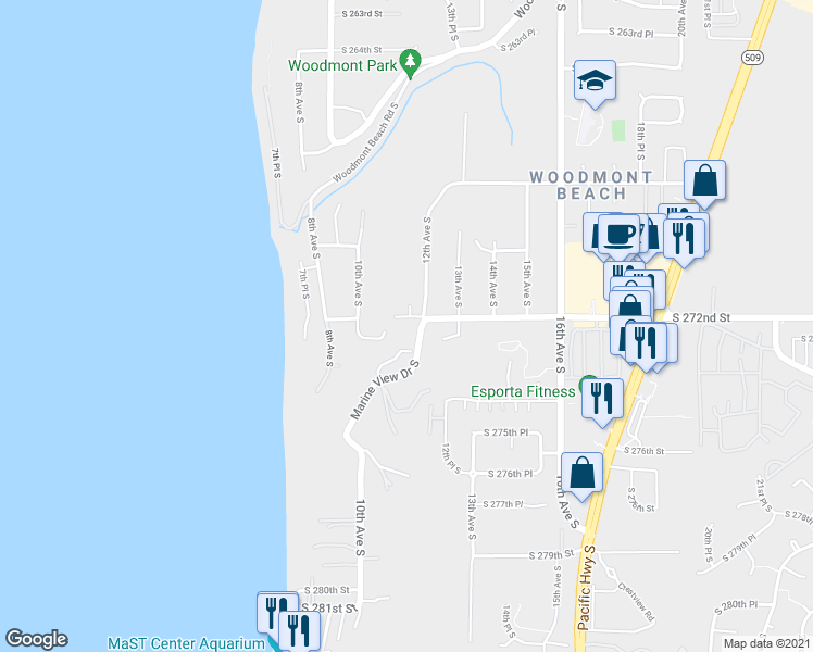 map of restaurants, bars, coffee shops, grocery stores, and more near 27203 Marine View Drive South in Des Moines